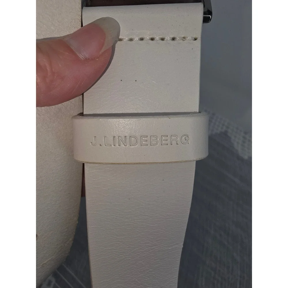 J.Lindeberg Mens White Leather Bridge Logo Buckle Belt Size 34 Made in Italy